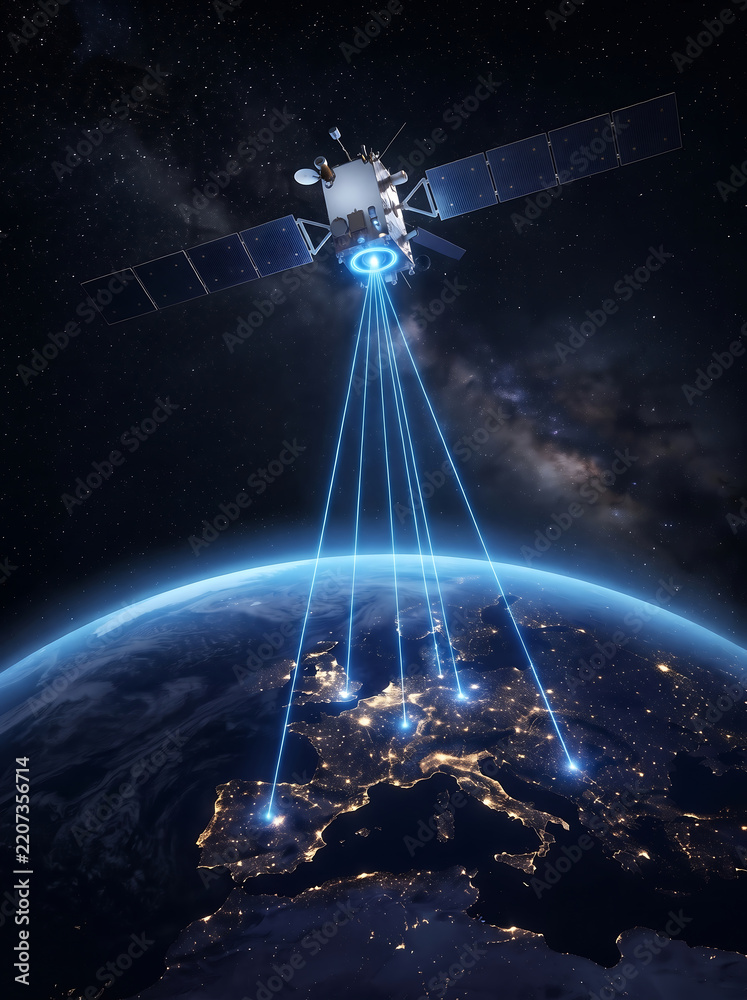 Fototapeta premium Satellite orbiting in outer space beaming bright blue laser signals down to major european cities on earth at night for global connection.