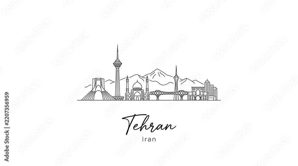 Fototapeta premium Minimalist line art illustration showcasing the skyline of Tehran with iconic landmarks and mountain backdrop emphasizing urban
