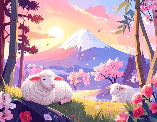 Japanese New Year landscape with a sheep, Mount Fuji, bamboo, and blooming plum branches