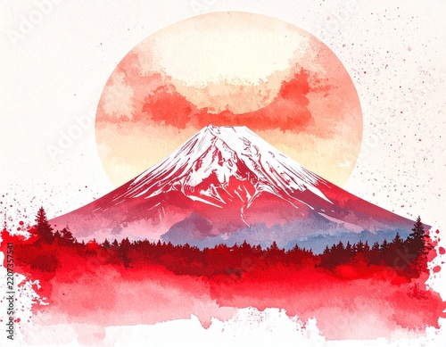 Japanese New Year watercolor landscape featuring a snow covered mountain beneath a red sun