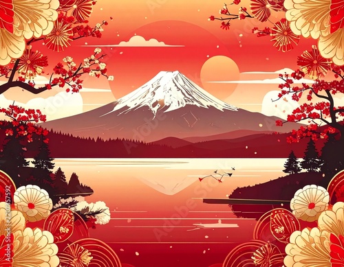 Traditional Japanese New Year scenery featuring Mount Fuji, flowering branches and tranquil water