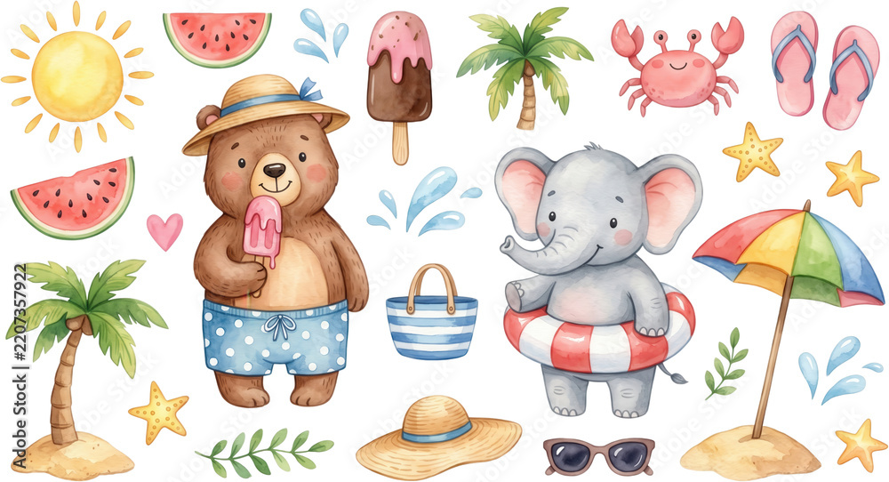 Fototapeta premium Watercolor summer elements set featuring cute animals wearing swimwear palm trees sun watermelon slices ice cream beach accessories and toys bear elephant