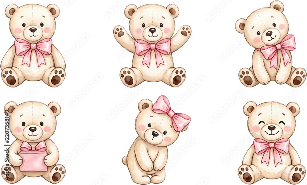 Fototapeta premium Watercolor set of cute teddy bears wearing pink bows and holding small presents in different poses toy animal stuffed fluffy ribbon gift collection baby