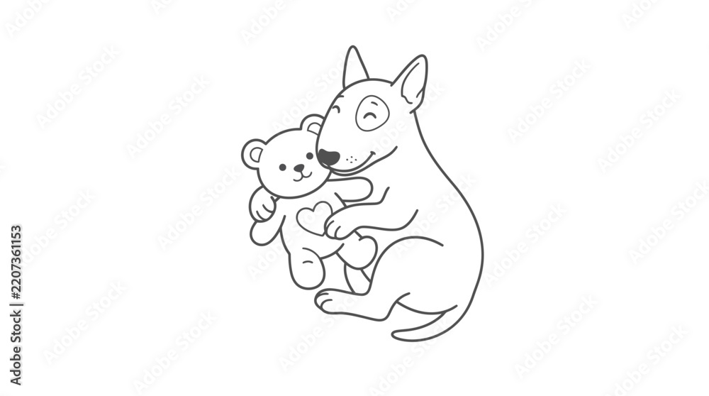Fototapeta premium Bull terrier dog cuddling a teddy bear toy in a simple line art vector style