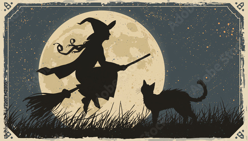 満月の前を飛ぶ魔女と黒猫のヴィンテージ風ハロウィンポスター