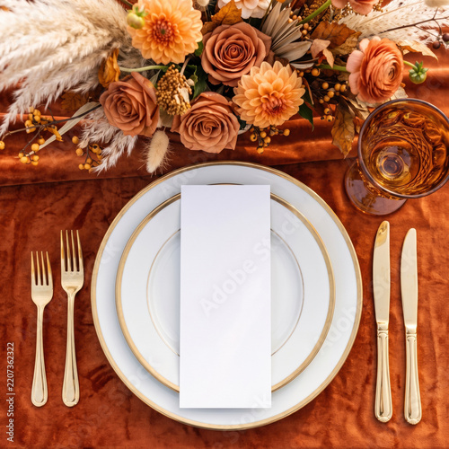 Blank menu card positioned on a classic white and gold dinner plate with autumn flowers, warm table linens, and elegant cutlery