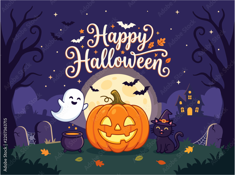 Fototapeta premium Happy Halloween Night Scene with Pumpkin Ghost and Black Cat Vector Illustration