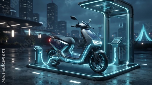 Future Automatic Electric Scooter with Integrated Solar Charging Panels and Ice Blue Energy Technology