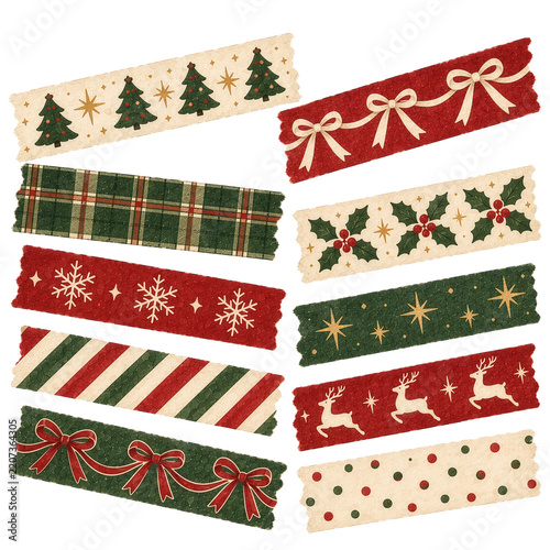 Red Green Christmas Washi Tape Set, Holiday Tree Bow Reindeer Clipart Strips