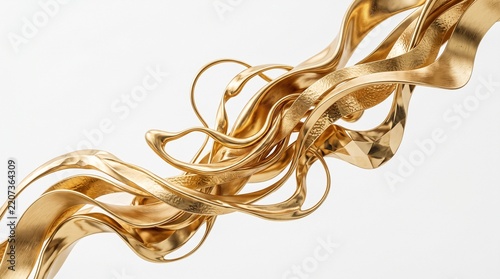 Abstract flowing golden ribbons with textured and smooth surfaces on a white background
