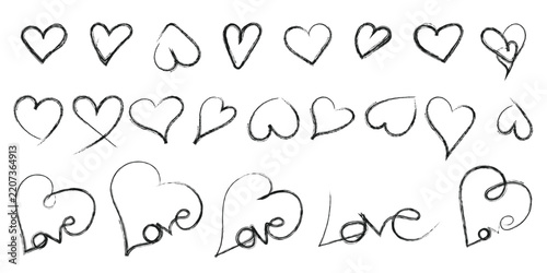 Hand drawn heart shapes with love text in a simple vector illustration style on white