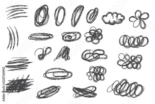 Hand drawn scribbles and doodles in charcoal style for creative design elements