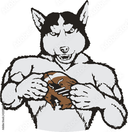illustration of a muscular husky dog ripping open a football