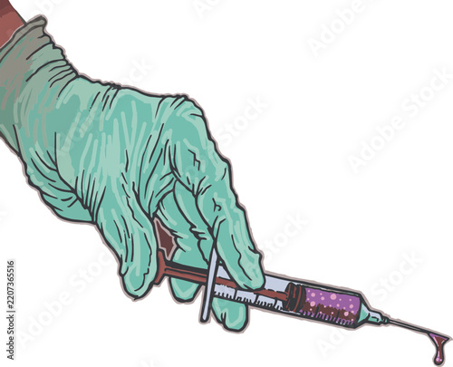 illustration of a latex gloved hand holding a syringe