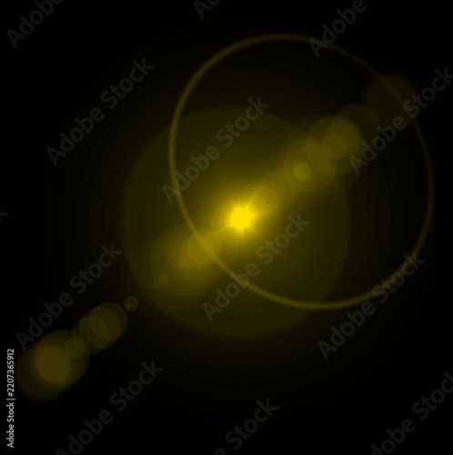 Brilliant yellow lens flare optical effect with glowing circular light rings creating a futuristic atmosphere for digital graphic design overlays isolated on transparent background