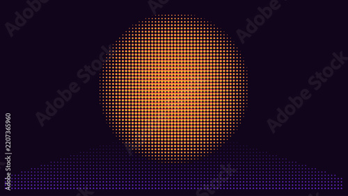 Retro synthwave sun vector, orange halftone circle on dark purple background, minimalist 80s aesthetic sunrise, geometric vaporwave landscape