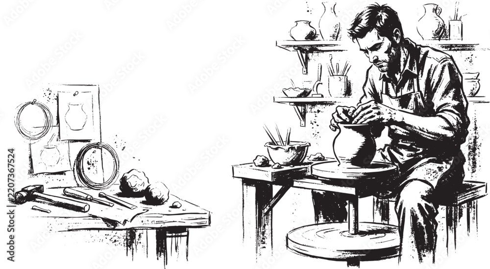 Fototapeta premium Black and white ink of a male potter working on a spinning wheel in a workshop with clay pots, tools, and on the wall