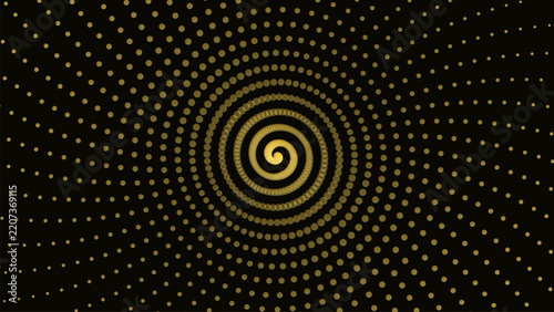 Golden spiral pattern made of small dots on a dark black background, abstract geometric vortex shape for digital wallpaper backdrop