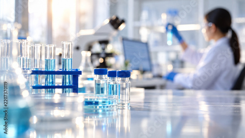 AI generated scientist examining blue liquid samples test tubes vials microscope laboratory equipment for biotechnology medical diagnostics chemistry pharmaceutical research