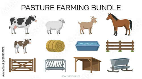 Pasture farming bundle featuring livestock animals including cow sheep goat horse and equipment