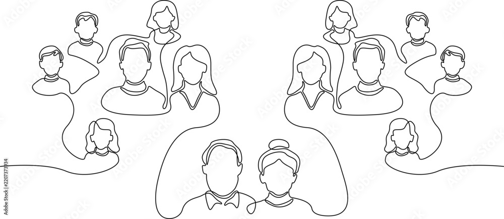 Fototapeta premium A minimalist single line art illustration showing a large family tree structure with multiple generations of people connected by a continuous flowing line.