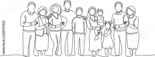 A minimal continuous line art drawing of a large multi-generational family standing together, representing connection, love, and unity.