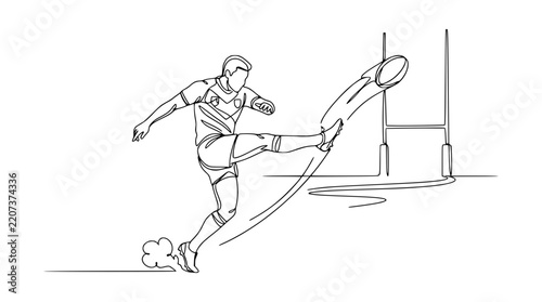 Rugby player kicking ball, continuous line art, sport action
