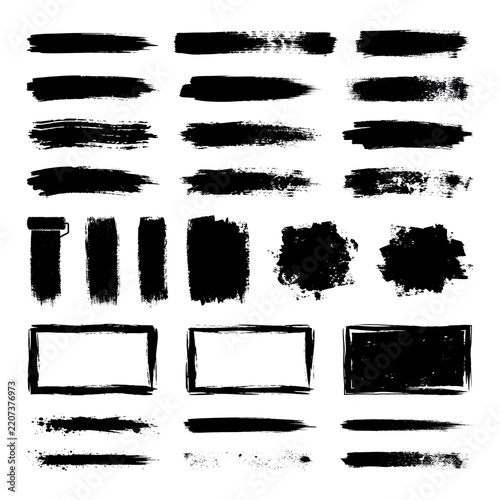Black grunge brush strokes and ink textures are arranged in a clean grid layout.