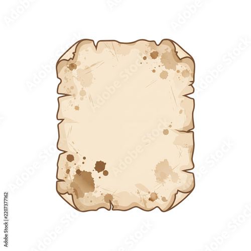 Vintage parchment paper sheet with burnt ragged edges and stained antique texture isolated on transparent background.