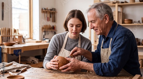 A man teaching a young woman woodcraft skills in a workshop.