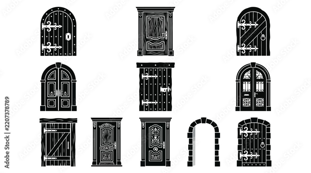 Obraz premium Black and white vector icon set of antique medieval doors and arches in flat design