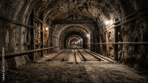 Abandoned Mine Tunnel with Old Wooden Tracks and Dim Lighting.