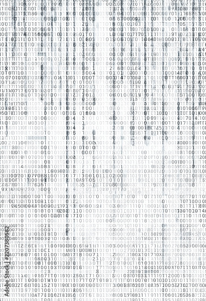 Obraz premium Abstract digital data stream with glowing binary code and matrix numbers flowing on white screen background