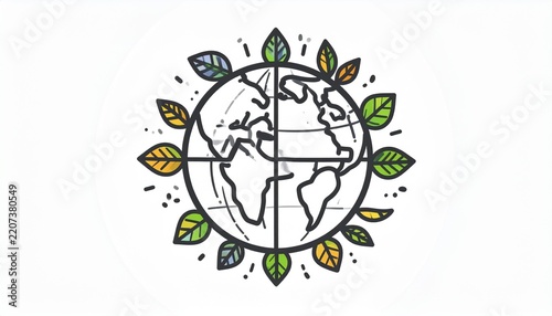A hand-drawn illustration depicts a globe surrounded by colorful leaves on a white.