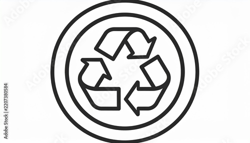 A black and white circular recycling symbol is displayed as a simple line art graphic.