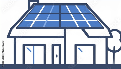 Minimalist line art illustration of a residential house featuring blue solar panels on the.