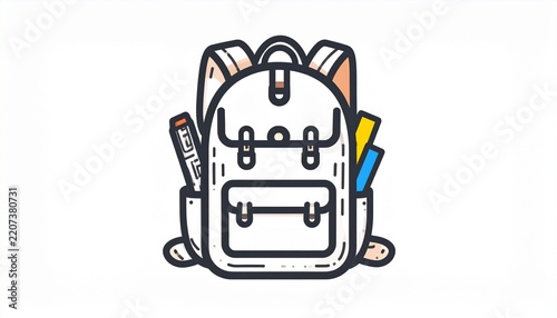 Minimalist line art illustration of a school backpack filled with books and stationery.