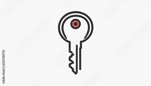 Minimalist line art illustration of a key icon with a red circle detail on a white.