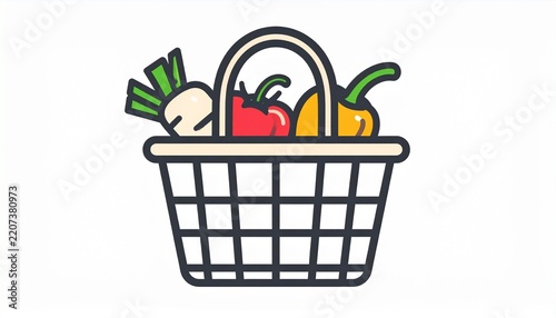 A flat vector illustration shows a shopping basket filled with fresh colorful vegetables.