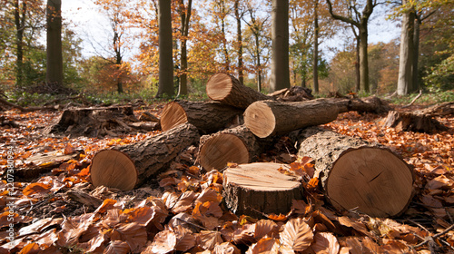A cut log and short stumps form a rustic forest scene