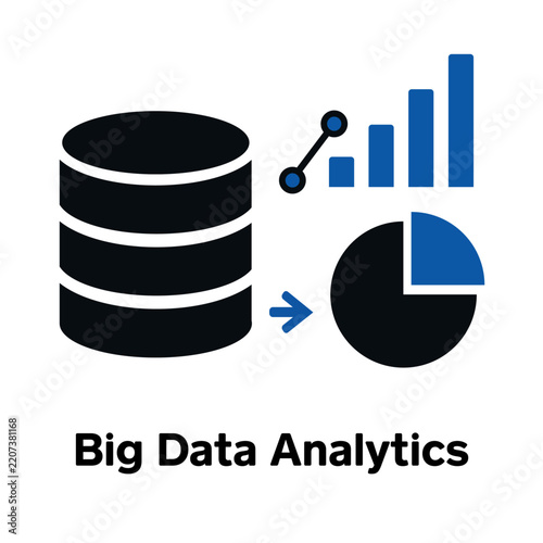 Big Data Analytics Concept Icon with Database Cylinder Pie Chart and Bar Graph for Business Intelligence