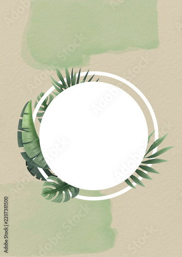 Tropical leaves with a white circular frame on a textured pastel background