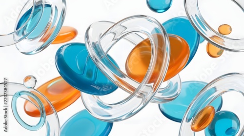 Abstract floating glass rings and ovoid forms in blue and orange with white background