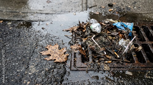 Clogged storm drain filled with debris and trash on a wet street.