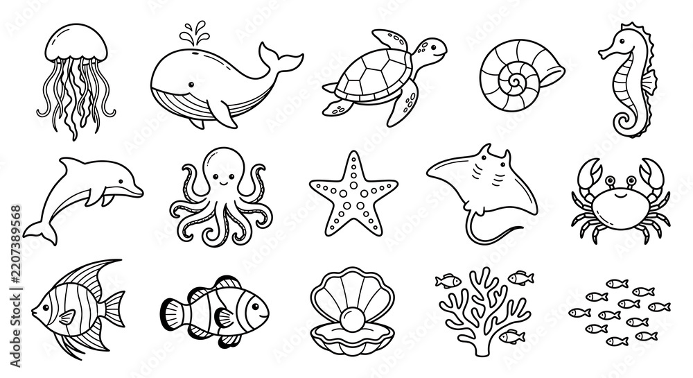 Obraz premium Cute sea animals and ocean life line art coloring page vector set