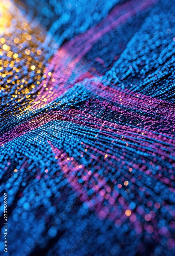 Obraz premium Abstract digital network background with glowing blue and pink fiber optics lines and bokeh effect