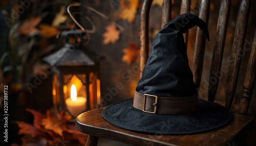 Black pointed hat resting on a wooden chair with a glowing lantern