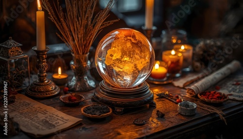 Glowing crystal ball on an antique wooden desk with candles