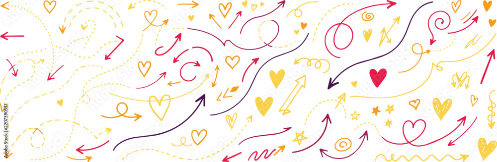 Fototapeta premium Colorful collection of hand drawn arrows and heart shapes in purple, yellow, and red, isolated on a white background, for projects