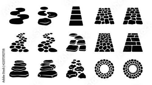 Black stone pathway icons set displaying various paving stone and rock trail designs